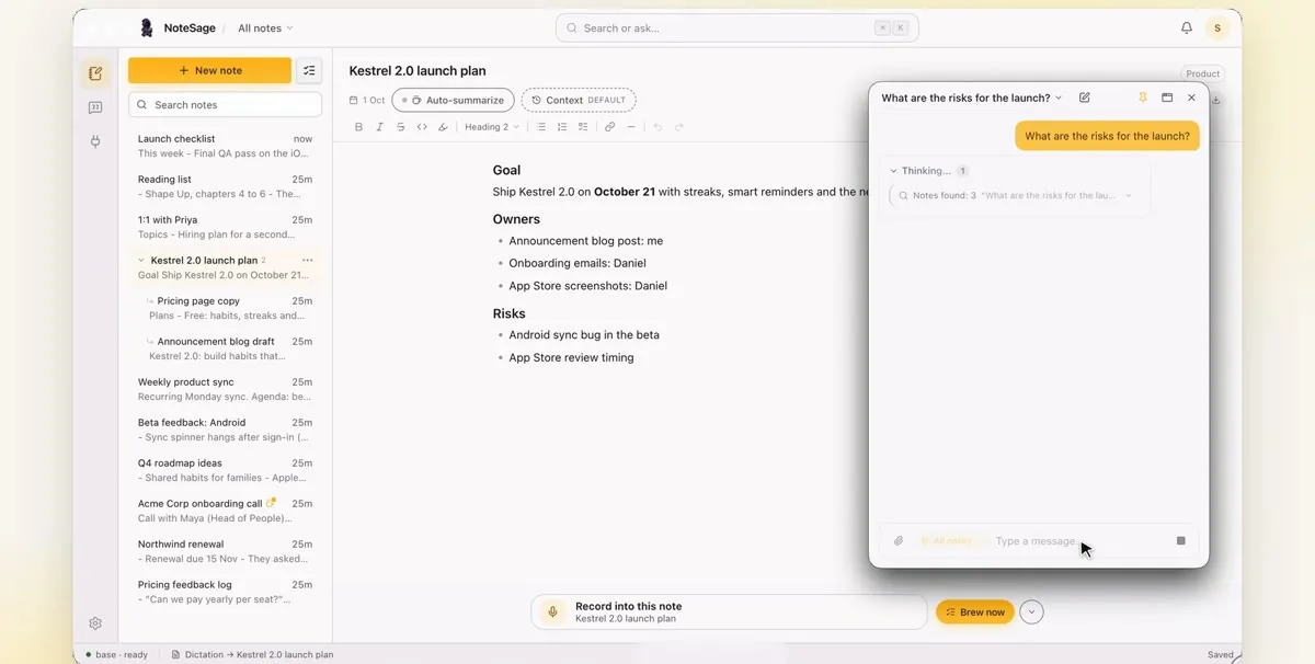 Chat answering a question about a launch plan, with its source
