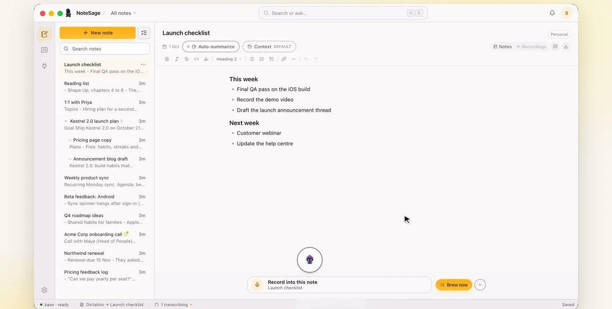 Dictating into a NoteSage note